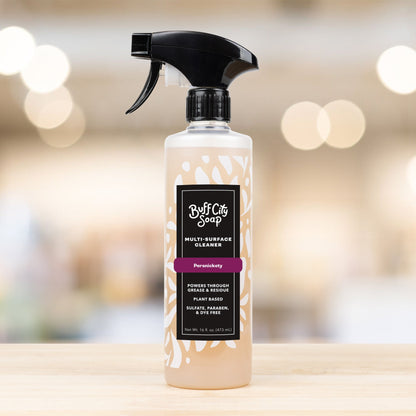 Persnickety Multi-Surface Cleaner bottle on countertop for tile and granite cleaning