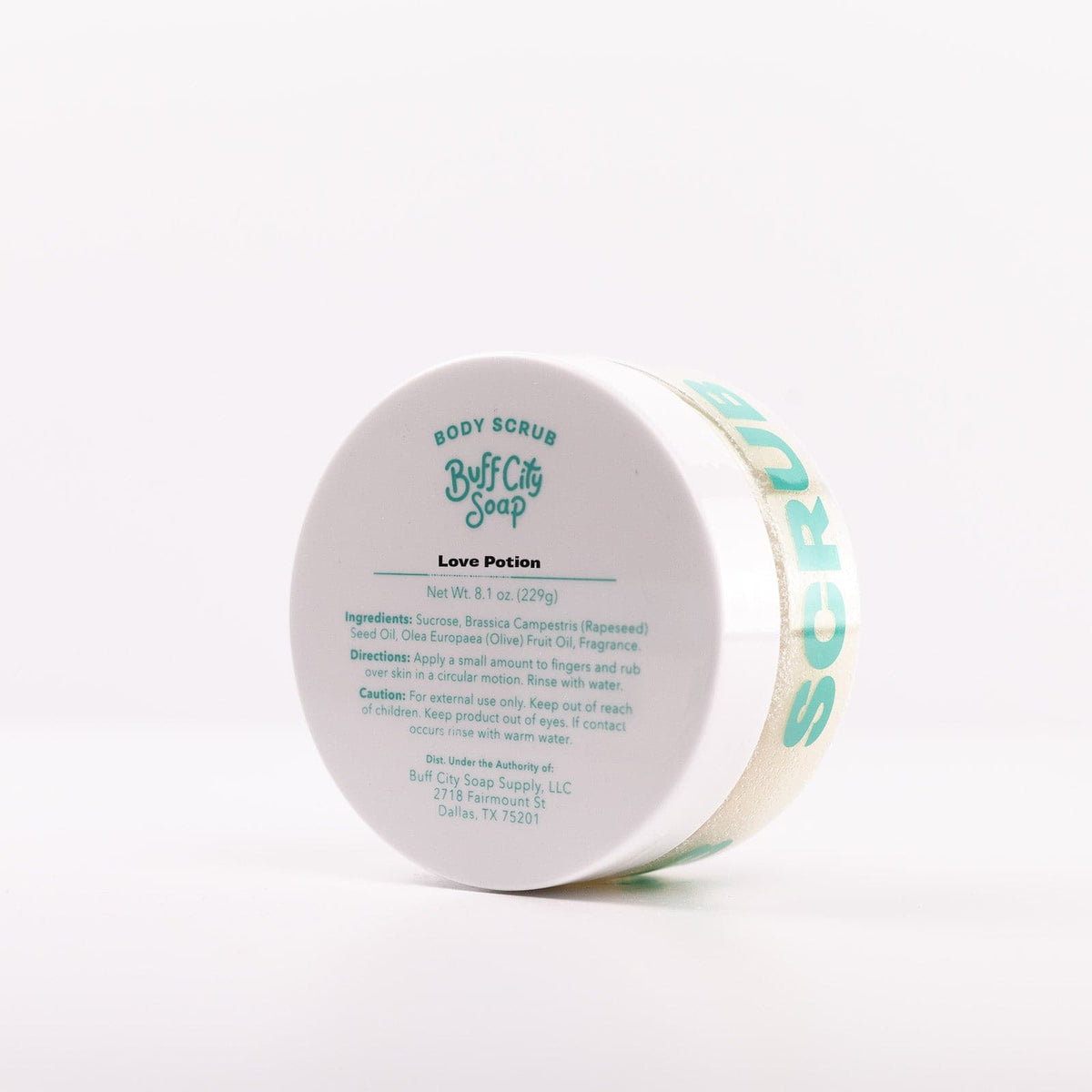 Love Potion Body Scrub angled in container against white background