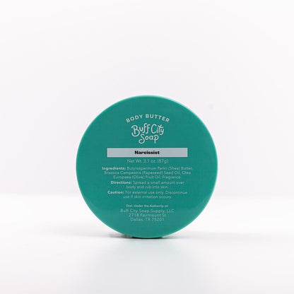 container of Narcissist Body Butter with label that lists ingredients and directions