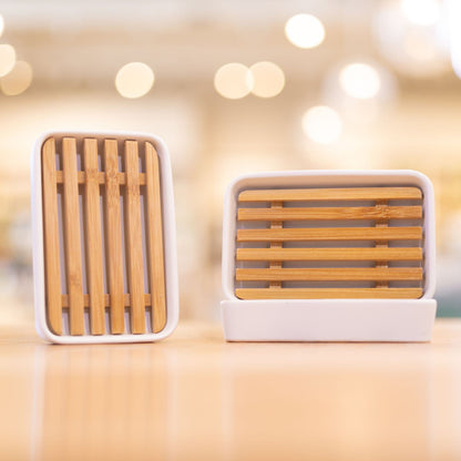 Two Porcelain and Bamboo Soap Dishes